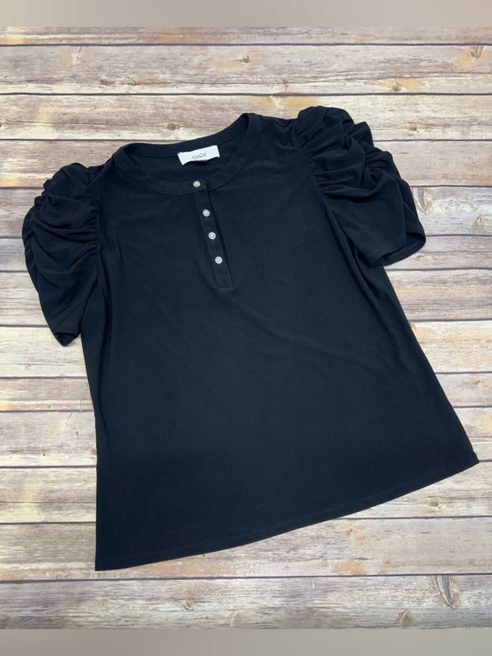 CeCe Shirred Sleeve Henley Top Rich Black Size L